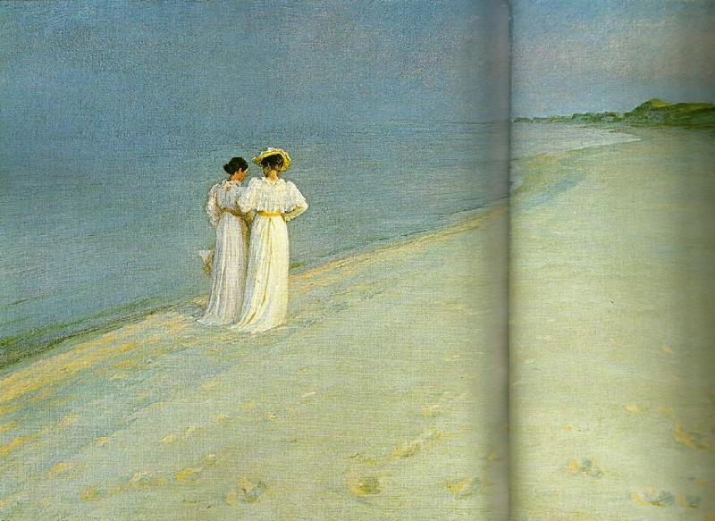 Peter Severin Kroyer sommeraften pa skagen sonderstrand med anna ancher og marie kroyer oil painting image